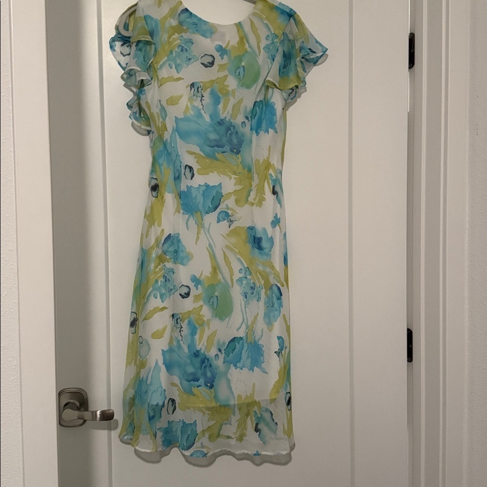 Karin Stevens blue green white vintage dress ruffle midi - Picture 5 of 5